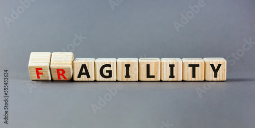 Fragility or agility symbol. Concept words Fragility and Agility on wooden cubes. Beautiful grey table grey background. Business fragility and agility concept. Copy space.