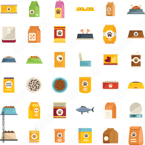 Dog food icons set flat vector. Animal pet. Package bag isolated