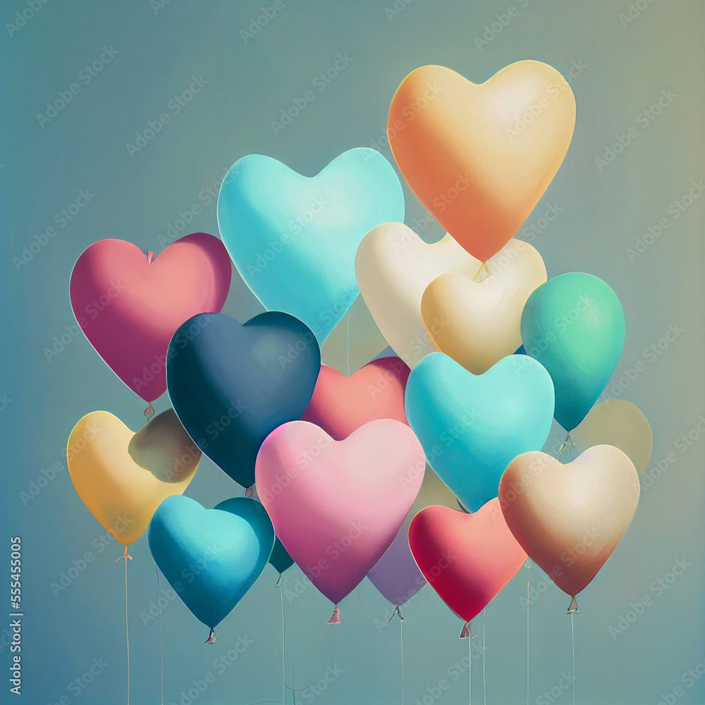 Illustration of Many colourful heart shaped balloons with different sizes. AI generated content