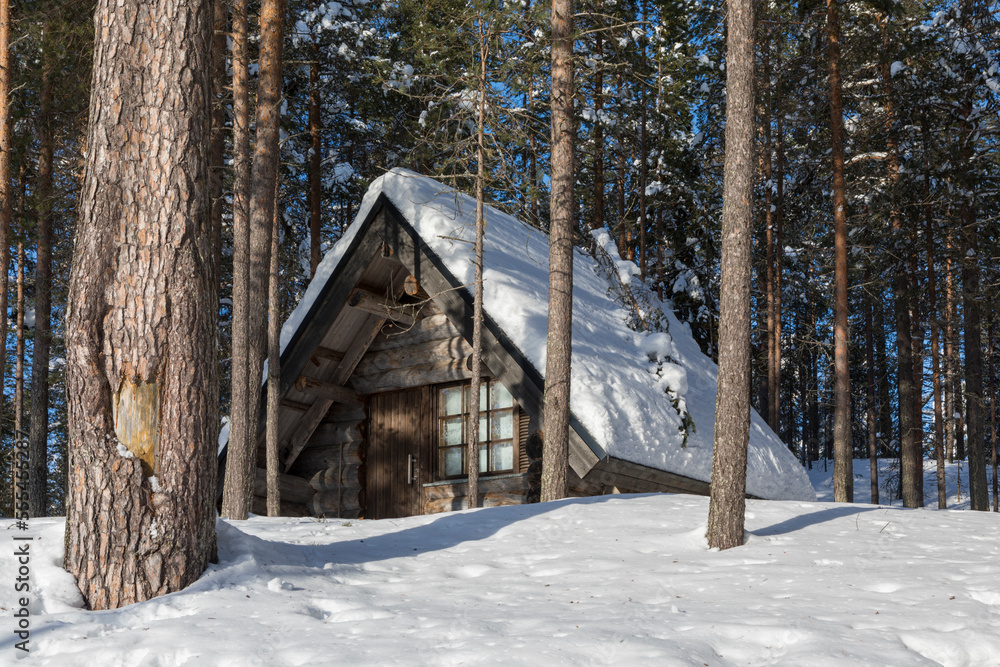 wooden house in the woods covered by snow wooden house in the woods covered by snow