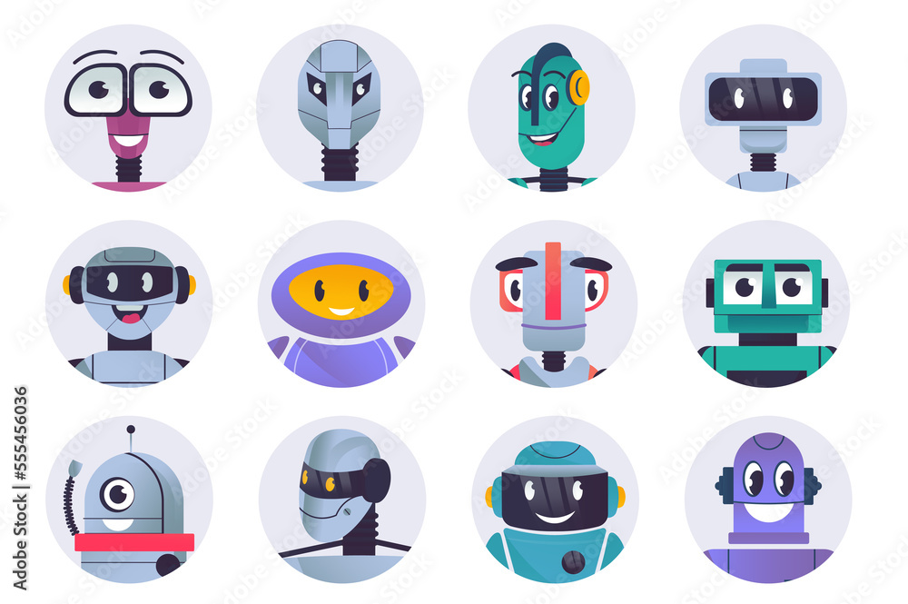 Cute robots characters avatars isolated set. Diverse robots with ...