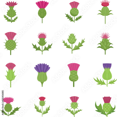 Thistle icons set flat vector. Scottish flower. Blossom plant isolated