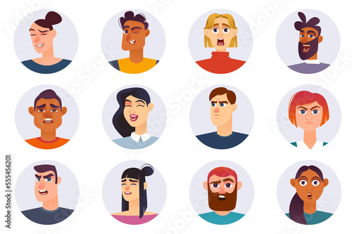 Fototapeta Naklejka Na Ścianę i Meble -  Characters with different emotions avatars isolated set. Portraits of men and women with smile, happy, surprised, sad, angry, afraid expressions. Illustration with people in flat cartoon design