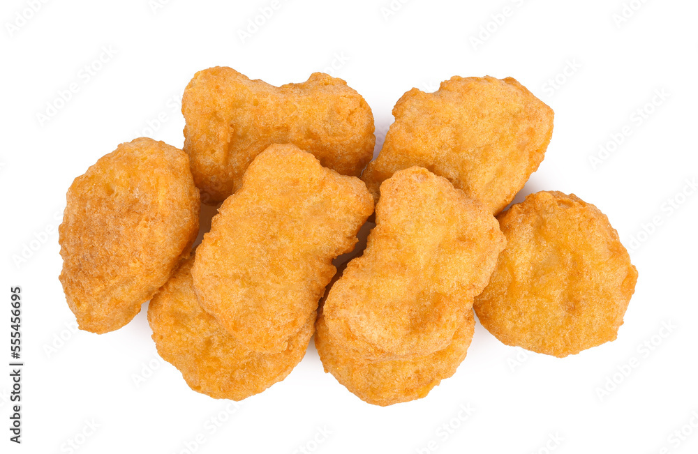 Fried chicken nuggets isolated on white background. Top view Fried chicken nuggets isolated on white background. Top view