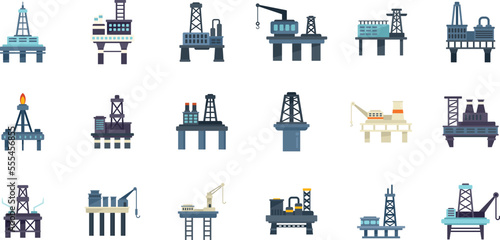 Sea drilling rig icons set flat vector. Oil industry. Power platform isolated