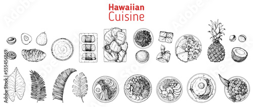 Hawaiian food top view vector illustration. Food menu design template. Hand drawn sketch collection. Hawaiian food menu set. Vintage style.