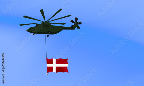 Helicopter flies with the flag of Denmark, the flag of Denmark in the sky. National holiday. vector illustration eps10