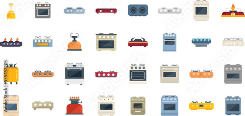 Burning gas stove icons set flat vector. Kitchen cooking. Cook food isolated