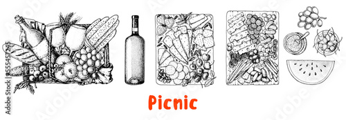 Picnic food top view. Hand drawn vector illustration. Italian cuisine. Food and drink sketch. Italian Food top view. Antipasti, pizza, sandwich, fruits, snacks for lunch or dinner.