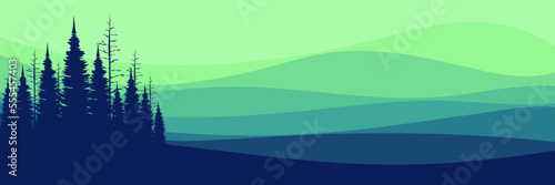 morning sunrise pine tree silhouette flat design vector banner template good for web banner, ads banner, tourism banner, wallpaper, background template, and adventure design backdrop