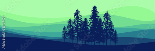 morning sunrise pine tree silhouette flat design vector banner template good for web banner, ads banner, tourism banner, wallpaper, background template, and adventure design backdrop