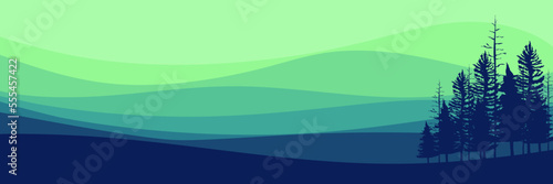 morning sunrise pine tree silhouette flat design vector banner template good for web banner, ads banner, tourism banner, wallpaper, background template, and adventure design backdrop