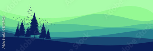 morning sunrise pine tree silhouette flat design vector banner template good for web banner, ads banner, tourism banner, wallpaper, background template, and adventure design backdrop
