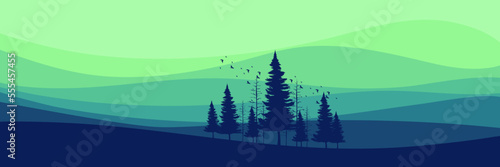 morning sunrise pine tree silhouette flat design vector banner template good for web banner, ads banner, tourism banner, wallpaper, background template, and adventure design backdrop