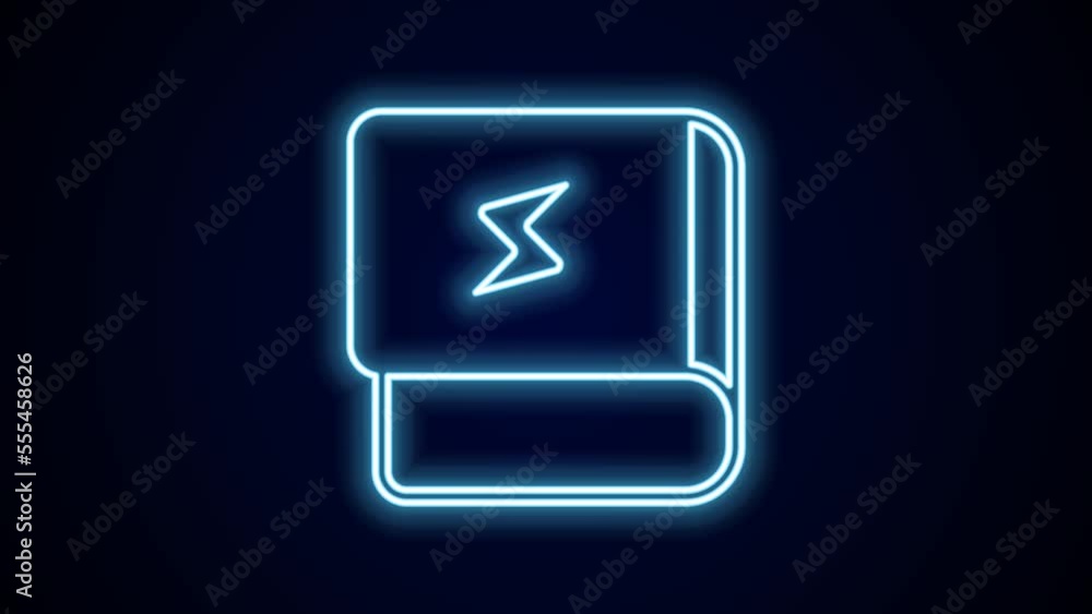 Glowing neon line Book about electricity icon isolated on black background. 4K Video motion graphic animation Glowing neon line Book about electricity icon isolated on black background. 4K Video motion graphic animation