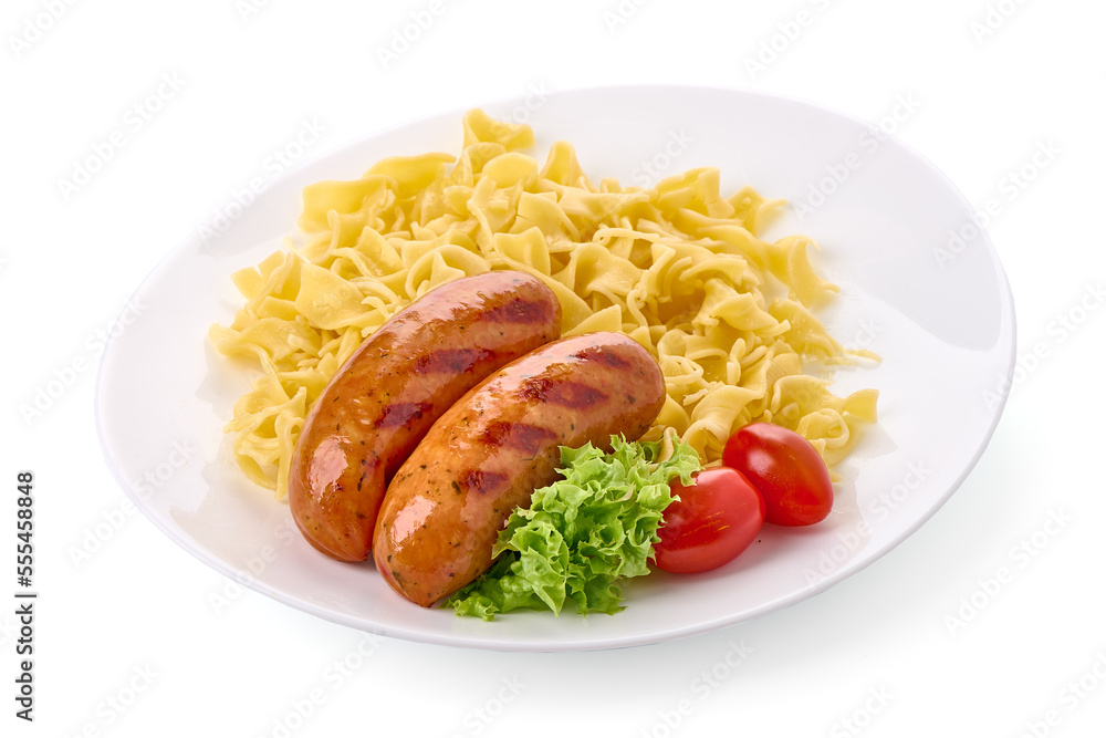 BBQ grilled pork sausages with pasta, served on cutting board with rustic fabric, isolated on white background. BBQ grilled pork sausages with pasta, served on cutting board with rustic fabric, isolated on white background.