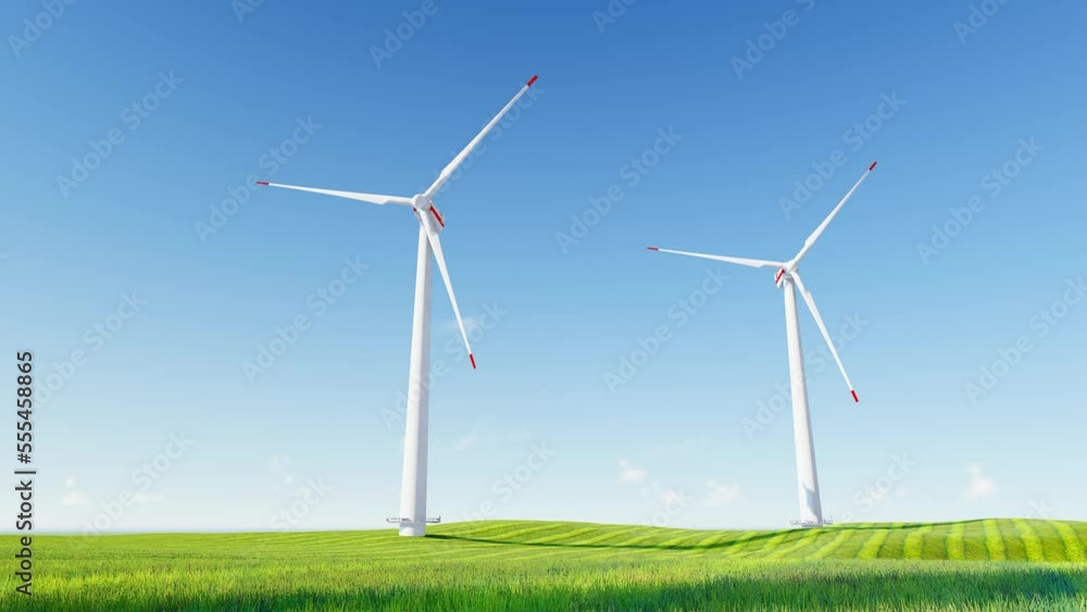 4K Ultra Hd. Panoramic view of wind farm or wind park, with high wind turbines for generation electricity. green energy concept. Windmills in the on a beautiful bright day. 4K Ultra Hd. Panoramic view of wind farm or wind park, with high wind turbines for generation electricity. green energy concept. Windmills in the on a beautiful bright day.