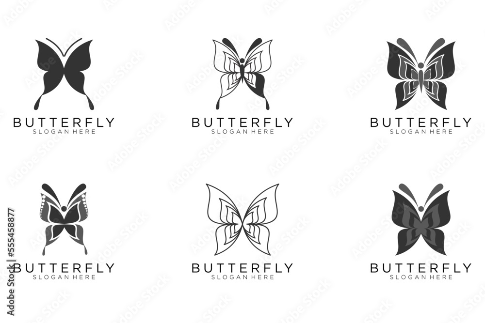 Set of six stylized geometric black butterfly symbols, celtic knot style tattoo design or logo. Isolated vector illustration collection. Set of six stylized geometric black butterfly symbols, celtic knot style tattoo design or logo. Isolated vector illustration collection.