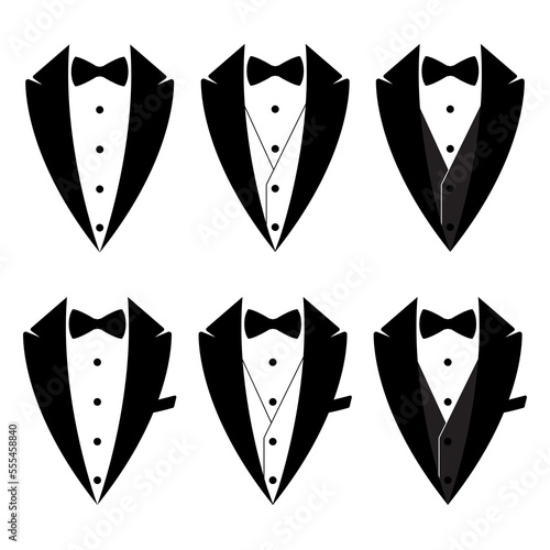 Tuxedo set with bow ties. A symbol of service for men. The concept of a tuxedo with a bowtie. Butler Sign Gentleman. Waiter Costume. Groom's Tuxedo. Flat style vector illustration