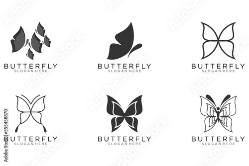 Set of six stylized geometric black butterfly symbols, celtic knot style tattoo design or logo. Isolated vector illustration collection.