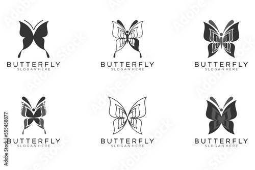 Set of six stylized geometric black butterfly symbols, celtic knot style tattoo design or logo. Isolated vector illustration collection.