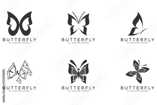 Set of six stylized geometric black butterfly symbols, celtic knot style tattoo design or logo. Isolated vector illustration collection.