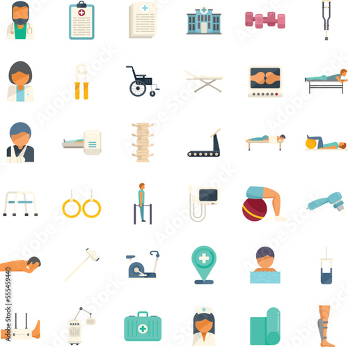 Physical therapist icons set flat vector.Woman disability. Handicapped assistance isolated