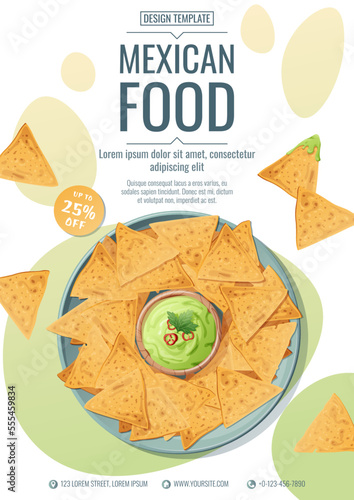 Mexican food flyer template. Crispy nachos with guacamole sauce and hot chili peppers. Vector illustration of traditional mexican food. Discount poster, banner flyer for cafe and restaurant