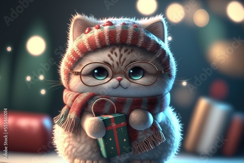 Baby kitty. Cute little cat wearing a sweater and glasses. Happy new year. Character design. Generative AI.