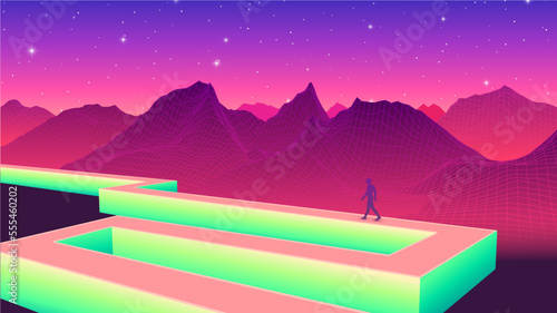 Shiny path concept with human figure walking in the synthwave landscape. 80s styled neon pathway scene with walking man.
