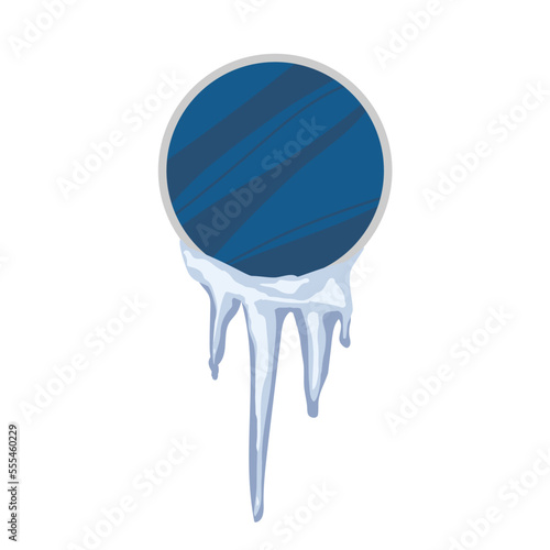 Round frame with icicles hanging from it. Frozen frame. Winter design element with copy space. Glass, mirror or ice circle. Vector isolated on white background. Seasonal banner. Frame with ice