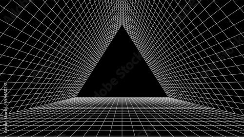 Abstract 80s styled computer background. Sci-fi architecture interior with retro lines. Synthwave or retrowave grid room.