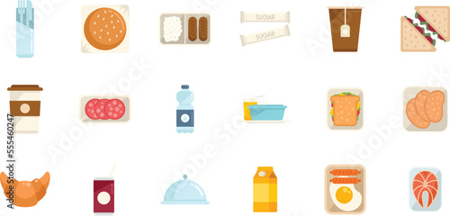 Airline food icons set flat vector. Inflight meal. Air plane isolated