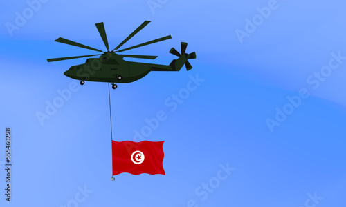 Helicopter flies with the flag of Tunisia, the flag of Tunisia in the sky. National holiday. vector illustration eps10