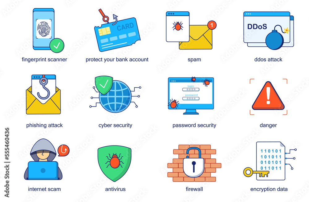 Cyber security concept line icons set. Pack outline pictograms of fingerprint scanner, spam, ddos phishing attack, danger, internet, scam, antivirus. Flat elements for mobile app and web design