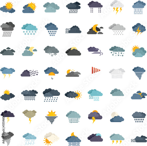 Cloudy weather icons set flat vector. Climate air. Snow rain isolated