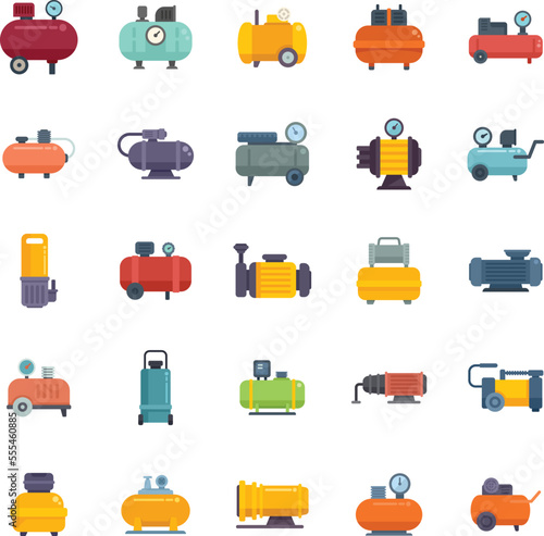 Compressor icons set flat vector. Air car. Auto tank isolated