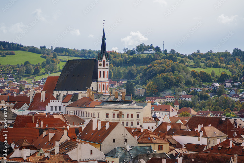 Aerial view of Church of Saint Vitus and Hill of the Cross - Cesky Krumlov, Czech Republic