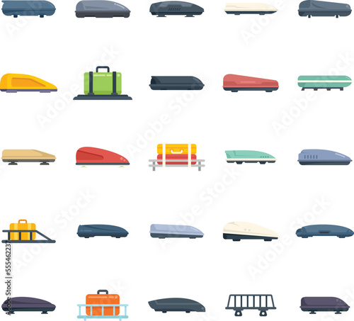 Car roof box icons set flat vector. Auto baggage. Cargo box isolated