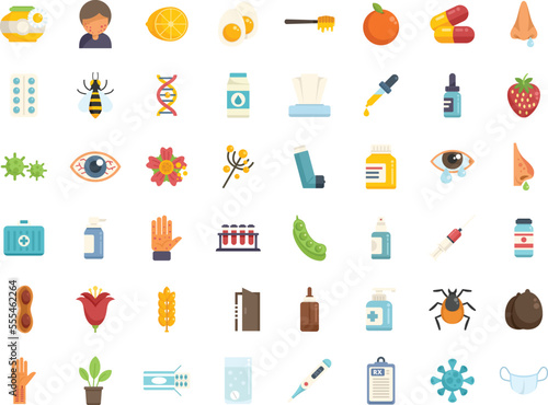 Seasonal allergy icons set flat vector. Sneeze flu. Season tissue isolated