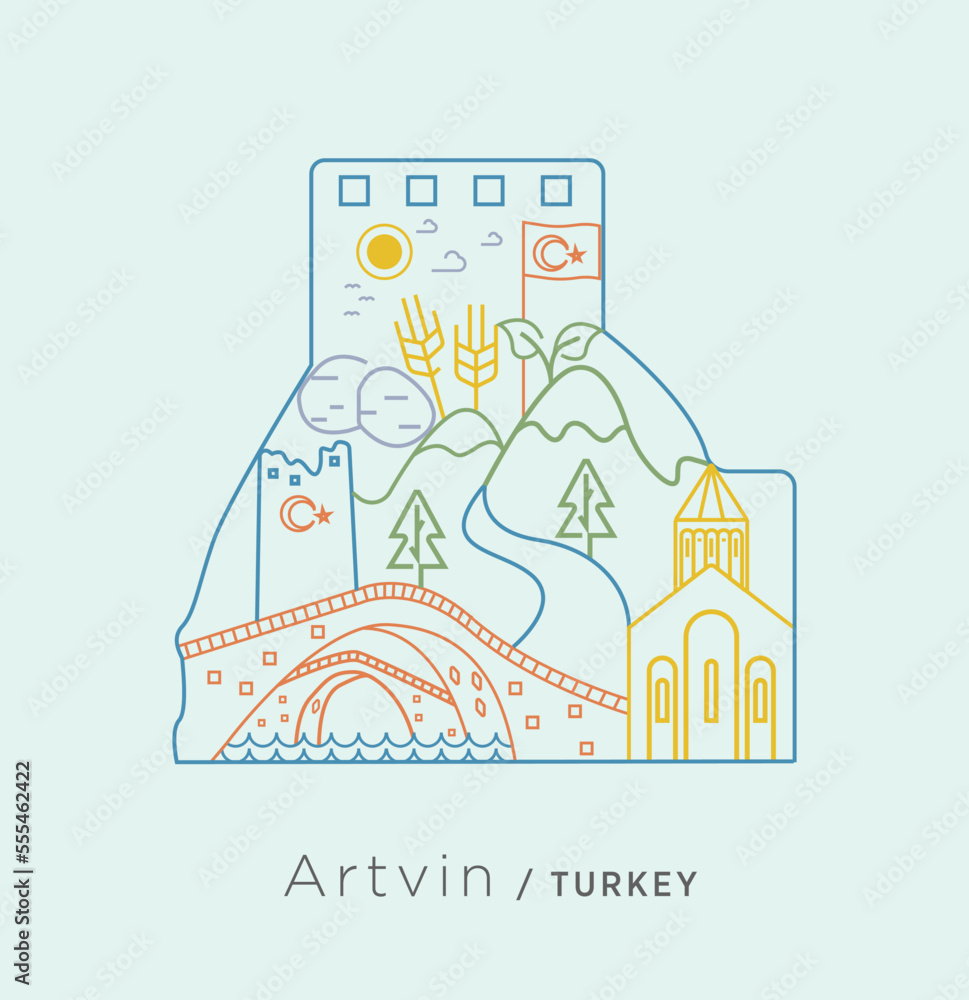 Icon series specific to Turkey - College in Artvin castle. A collage on double bridge, church, castle, wheat, castle, mountain, potato, stream, and similar lines unique to Artvin.