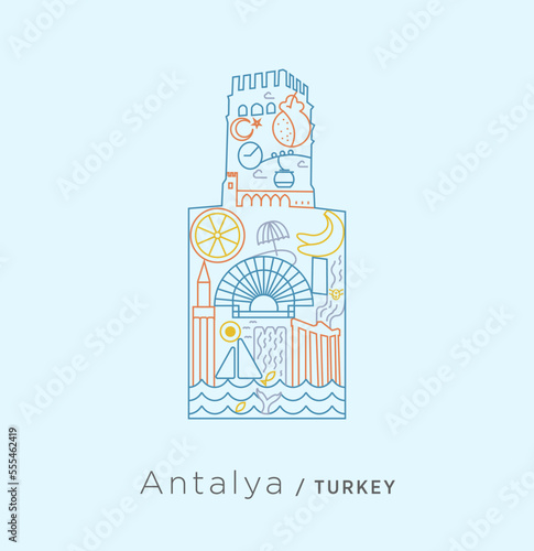 Icon series exclusive to Turkey - collage in Antalya castle. A collage on Antalya-specific lines such as banana, sea, beach, ancient theatre, pomegranate, city wall, waterfall and so on.
