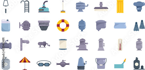 Equipment for pool icons set flat vector. Clean skimmer. Brush broom isolated