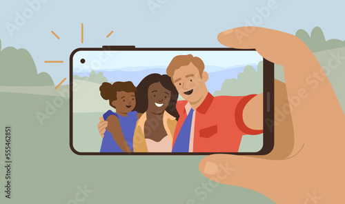 Flat modern illustration of happy multinational family taking selfie with smartphone. Smiling mother, father and daughter. Hand holding a phone.