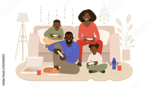 Flat vector illustration of African American family playing video games. Mother, father, son and daughter sitting and holding controllers. Family indoors entertainment concept.