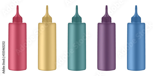 Set of squeeze bottles. Red, gold, green, purple and blue bottles. Dispensing cap. Colorful hair dye. E-juice vape liquid	