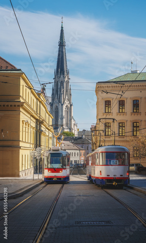 Trams at Denisova Street and Saint Wenceslas Cathedral - Olomouc  Czech Republic