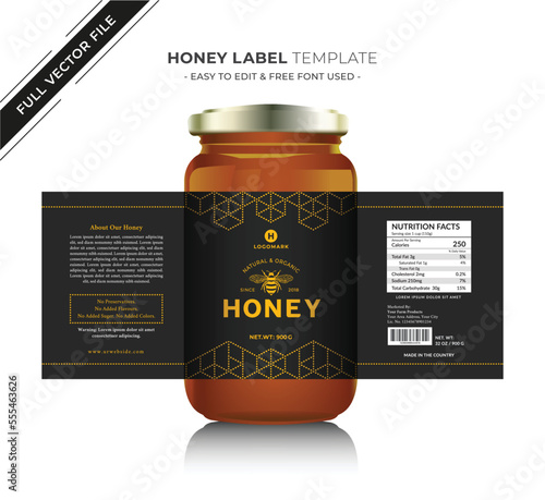Bee hive pure Honey design glass jar bottle, creative and modern health product branding black label new packaging, vector editable graphic design template,
food label packaging 3d print design.