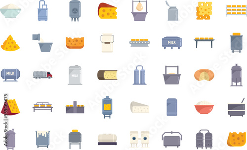 Cheese production icons set flat vector. Milk food. Making butter isolated