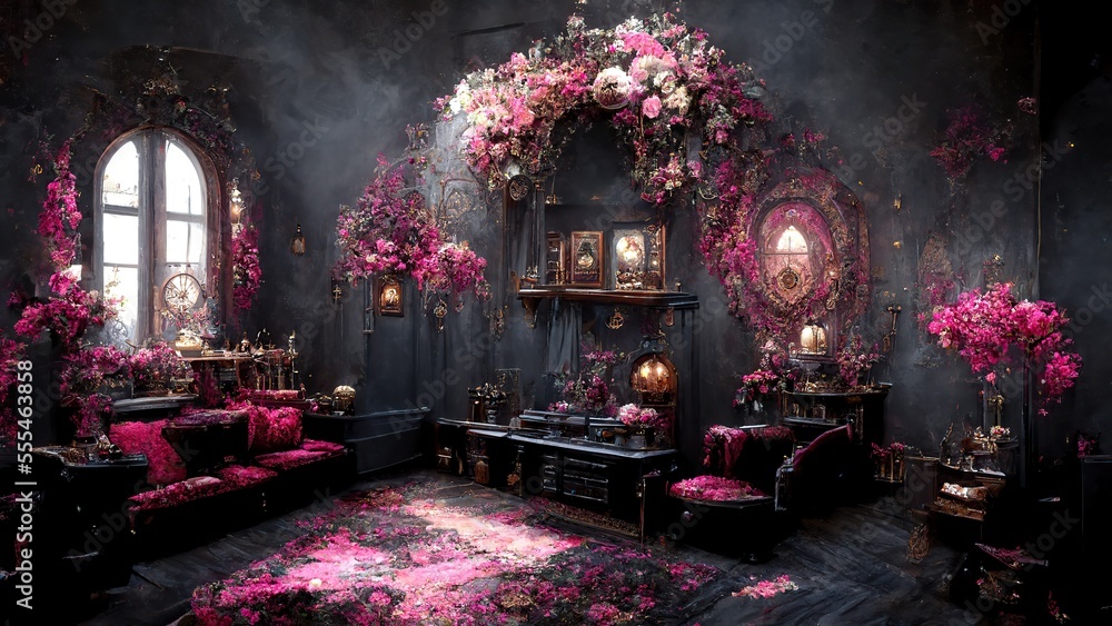 Gothic home with touch of pink flowers. Fantasy place. Generative ai.